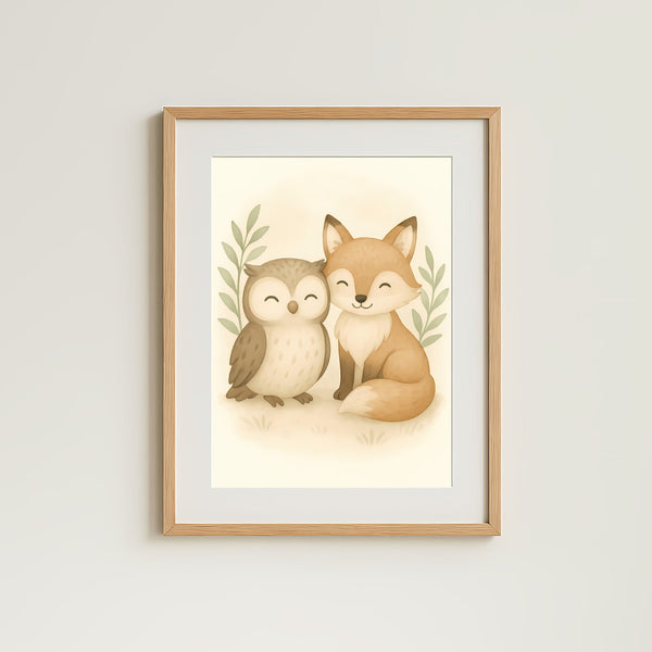 Fox and Owl Nursery Wall Art Print | Woodland Animal Watercolour | Digital Download