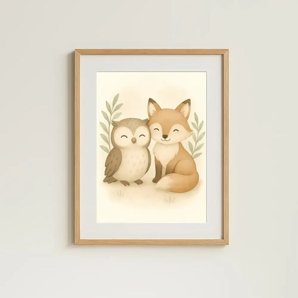 Fox and Owl Nursery Wall Art Print | Woodland Animal Watercolour | Digital Download - Sticksy Prints Australia