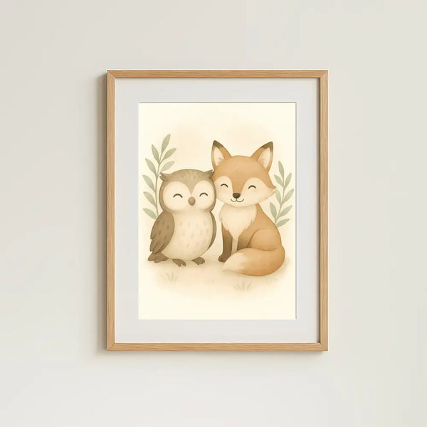 Fox and Owl Nursery Wall Art Print | Woodland Animal Watercolour | Digital Download