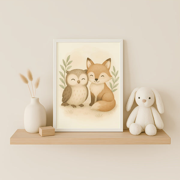 Fox and Owl Nursery Wall Art Print | Woodland Animal Watercolour | Digital Download