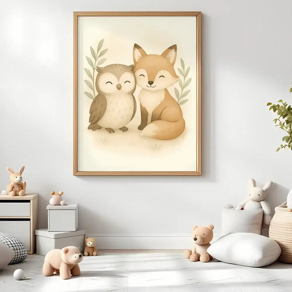 Fox and Owl Nursery Wall Art Print | Woodland Animal Watercolour | Digital Download - Sticksy Prints Australia