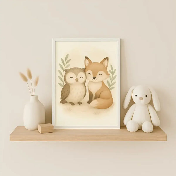 Fox and Owl Nursery Wall Art Print | Woodland Animal Watercolour | Digital Download - Sticksy Prints Australia
