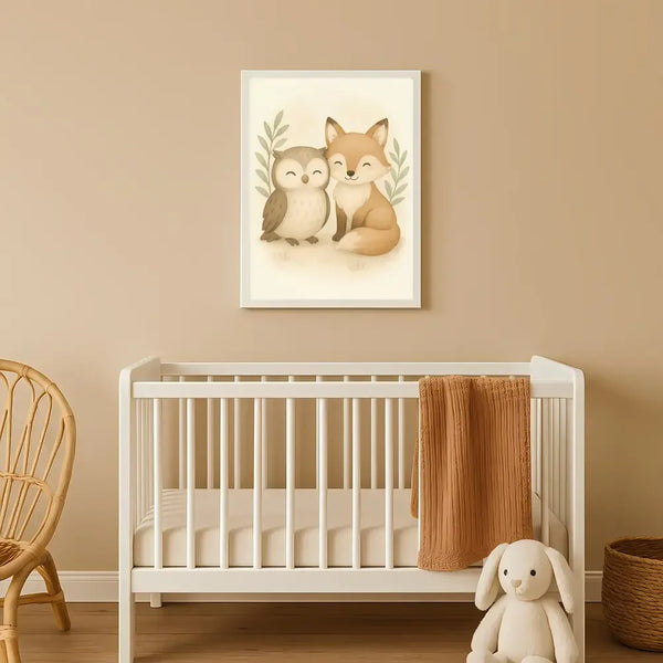 Fox and Owl Nursery Wall Art Print | Woodland Animal Watercolour | Digital Download - Sticksy Prints Australia