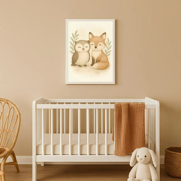 Fox and Owl Nursery Wall Art Print | Woodland Animal Watercolour | Digital Download