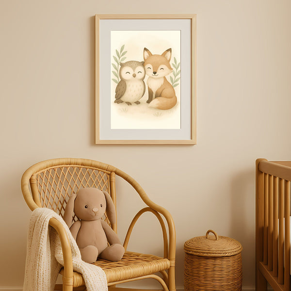 Fox and Owl Nursery Wall Art Print | Woodland Animal Watercolour | Digital Download