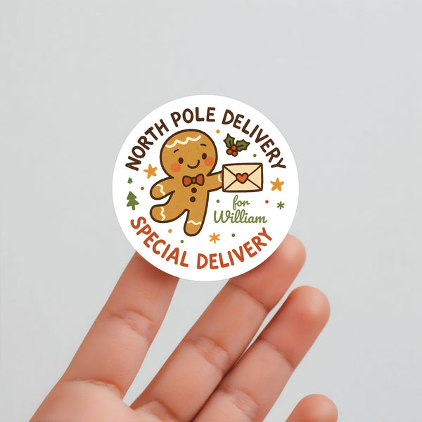 Gingerbread Personalised Christmas Stickers – North Pole Delivery Label