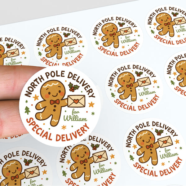 Gingerbread Personalised Christmas Stickers – North Pole Delivery Label