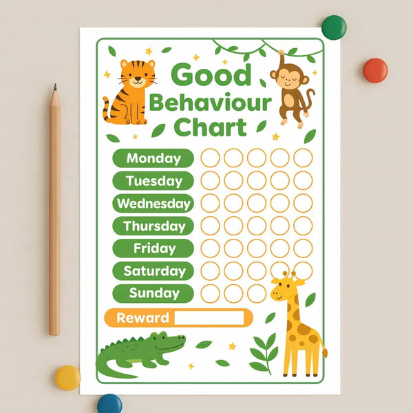 Jungle Animal Good Behaviour Chart for Kids β Printable (A4) - Sticksy Prints Australia