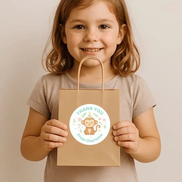 Jungle Animal Thank You Stickers – Monkey, Lion, Giraffe & Elephant | Personalised Party Favour Labels - Sticksy Prints Australia