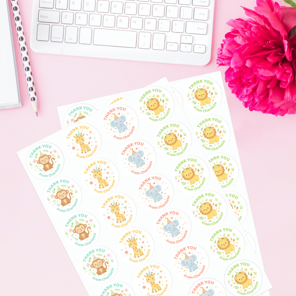 Jungle Animal Thank You Stickers – Monkey Lion Giraffe & Elephant | Personalised Party Favour Labels