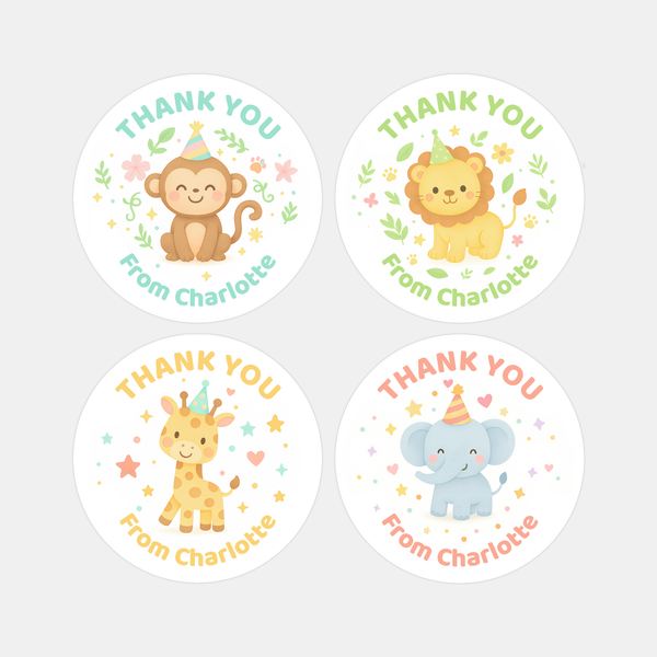 Jungle Animal Thank You Stickers – Monkey Lion Giraffe & Elephant | Personalised Party Favour Labels