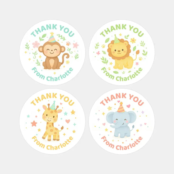 Jungle Animal Thank You Stickers – Monkey, Lion, Giraffe & Elephant | Personalised Party Favour Labels - Sticksy Prints Australia