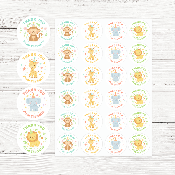Jungle Animal Thank You Stickers – Monkey Lion Giraffe & Elephant | Personalised Party Favour Labels