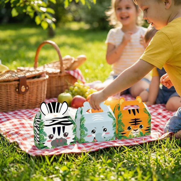 24Pcs Jungle Safari Animal Party Favor Boxes - Portable Cardstock Treat Gift Bags for Kids Birthday, Baby Shower & Events - 6 Cute Styles - Sticksy Prints Australia