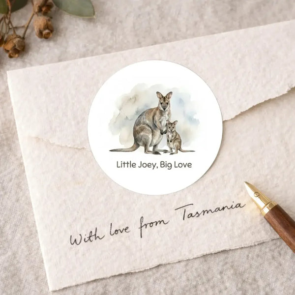 Little Joey, Big Love Wallaby Sticker – Tasmanian Mother & Joey Wildlife - Sticksy Prints Australia