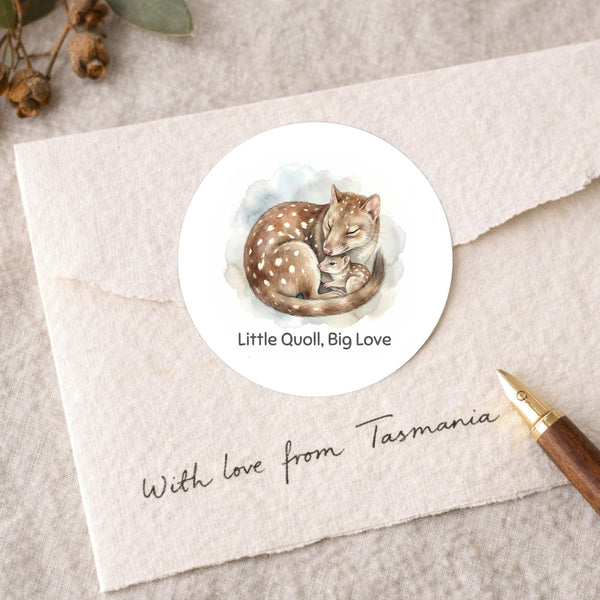 Little Quoll Big Love Sticker – Tasmanian Wildlife Mother & Baby Round Sticker
