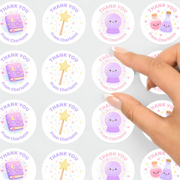 Magic Theme Birthday Thank You Stickers – Spell Book Potions Wand & Crystal Ball | Personalised Party Favour Labels