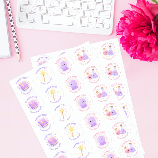 Magic Theme Birthday Thank You Stickers – Spell Book Potions Wand & Crystal Ball | Personalised Party Favour Labels