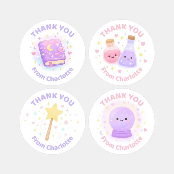 Magic Theme Birthday Thank You Stickers – Spell Book, Potions, Wand & Crystal Ball | Personalised Party Favour Labels - Sticksy Prints Australia