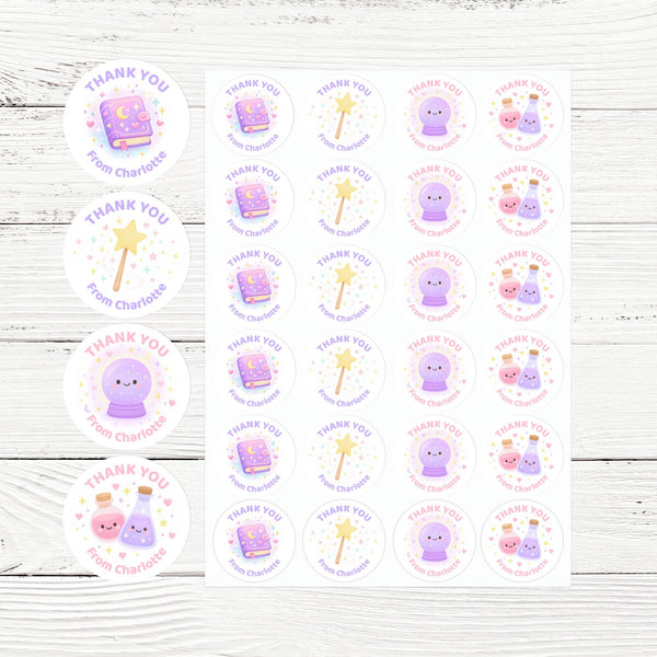 Magic Theme Birthday Thank You Stickers – Spell Book Potions Wand & Crystal Ball | Personalised Party Favour Labels