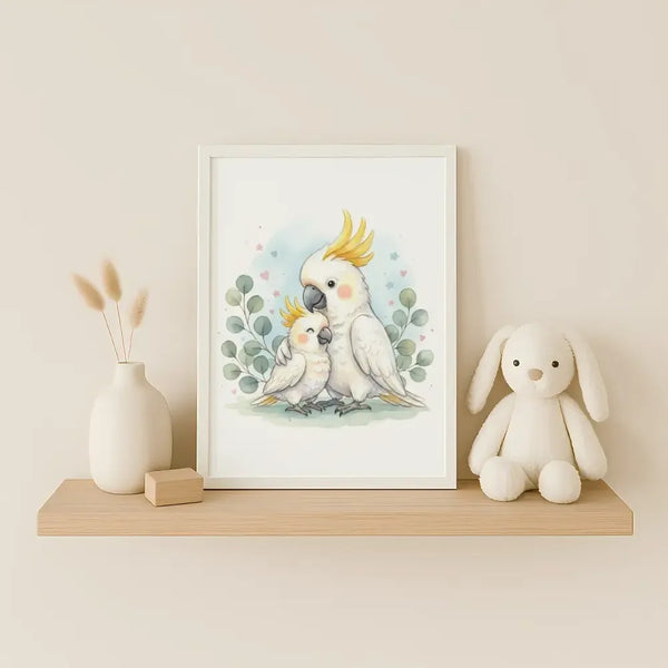 Mama & Baby Cockatoo Nursery Print – Australian Animal Wall Art, Neutral Baby Room Decor, Watercolour Cockatoo Artwork, Printable Kids Room Poster - Sticksy Prints Australia