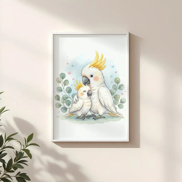 Mama & Baby Cockatoo Nursery Print – Australian Animal Wall Art Neutral Baby Room Decor Watercolour Cockatoo Artwork