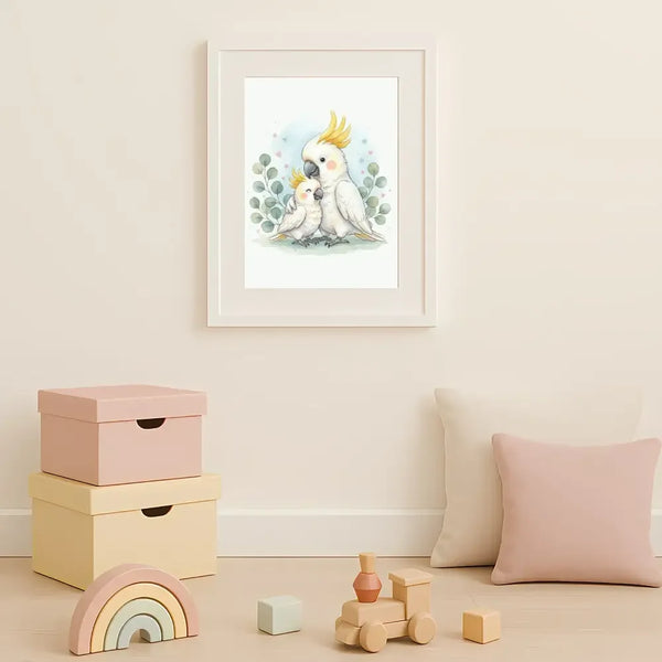 Mama & Baby Cockatoo Nursery Print – Australian Animal Wall Art, Neutral Baby Room Decor, Watercolour Cockatoo Artwork, Printable Kids Room Poster - Sticksy Prints Australia