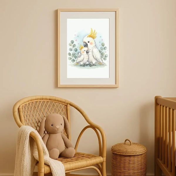 Mama & Baby Cockatoo Nursery Print – Australian Animal Wall Art, Neutral Baby Room Decor, Watercolour Cockatoo Artwork, Printable Kids Room Poster - Sticksy Prints Australia