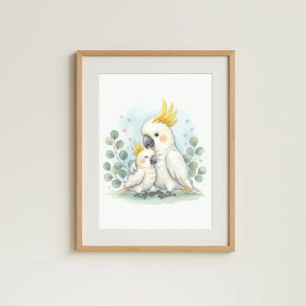 Mama & Baby Cockatoo Nursery Print – Australian Animal Wall Art Neutral Baby Room Decor Watercolour Cockatoo Artwork
