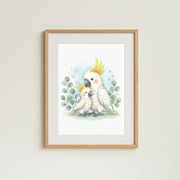 Mama & Baby Cockatoo Nursery Print – Australian Animal Wall Art, Neutral Baby Room Decor, Watercolour Cockatoo Artwork, Printable Kids Room Poster - Sticksy Prints Australia