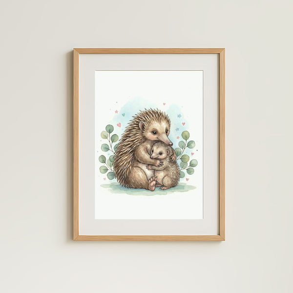 Mama & Baby Echidna Nursery Print – Australian Wildlife Watercolour Wall Art (Digital Download)
