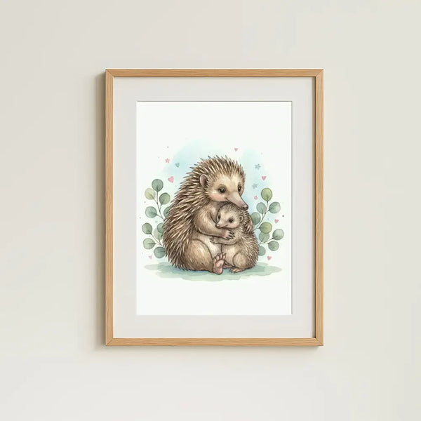 Mama & Baby Echidna Nursery Print – Australian Wildlife Watercolour Wall Art (Digital Download) - Sticksy Prints Australia