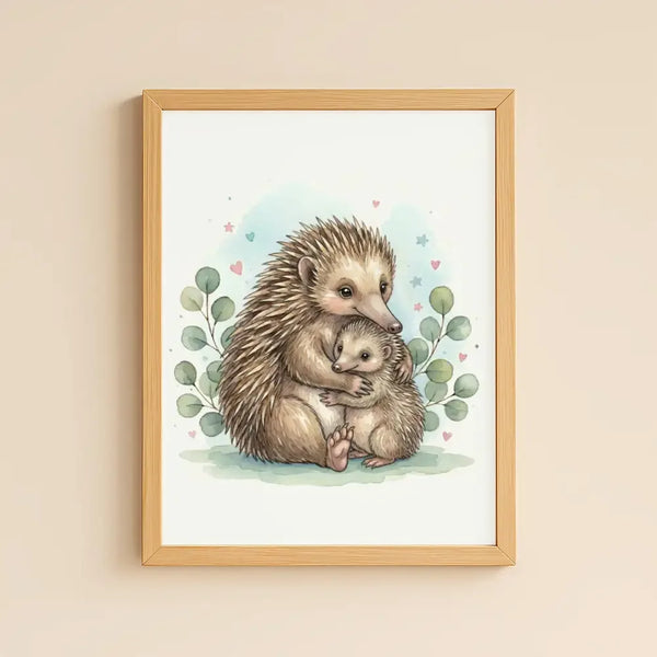 Mama & Baby Echidna Nursery Print – Australian Wildlife Watercolour Wall Art (Digital Download) - Sticksy Prints Australia