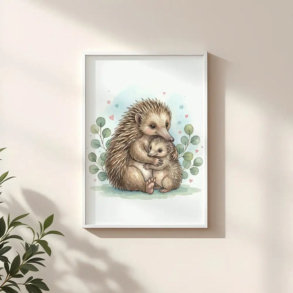 Mama & Baby Echidna Nursery Print – Australian Wildlife Watercolour Wall Art (Digital Download)