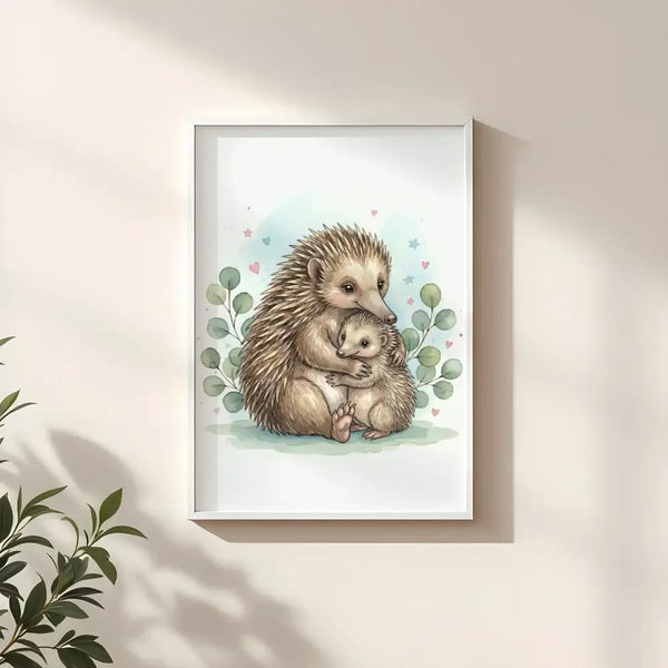 Mama & Baby Echidna Nursery Print – Australian Wildlife Watercolour Wall Art (Digital Download) - Sticksy Prints Australia