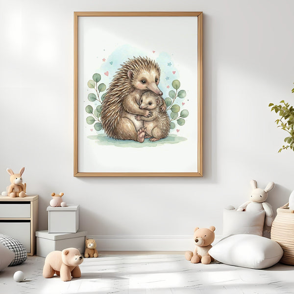 Mama & Baby Echidna Nursery Print – Australian Wildlife Watercolour Wall Art (Digital Download)