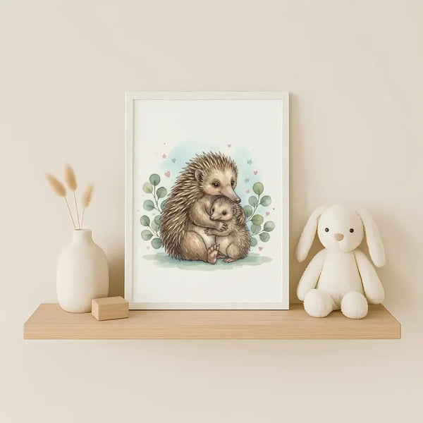 Mama & Baby Echidna Nursery Print – Australian Wildlife Watercolour Wall Art (Digital Download) - Sticksy Prints Australia