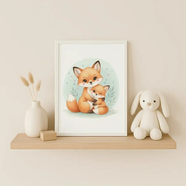 Mama & Baby Fox Nursery Print – Woodland Animal Wall Art, Neutral Baby Room Decor, Watercolour Fox Artwork, Printable Kids Room Poster - Sticksy Prints Australia