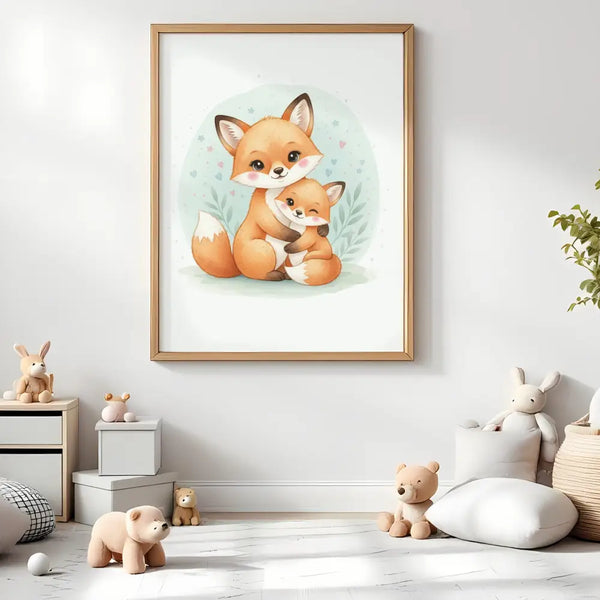Mama & Baby Fox Nursery Print – Woodland Animal Wall Art Neutral Baby Room Decor Watercolour Fox Artwork Printable Kids