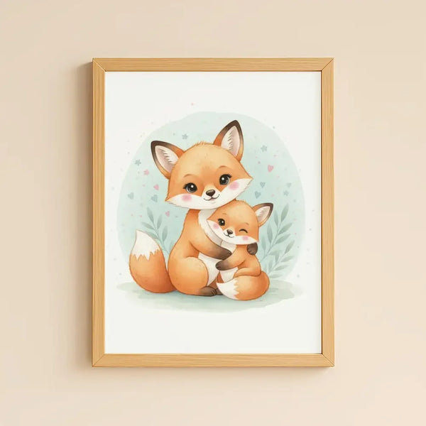 Mama & Baby Fox Nursery Print – Woodland Animal Wall Art, Neutral Baby Room Decor, Watercolour Fox Artwork, Printable Kids Room Poster - Sticksy Prints Australia