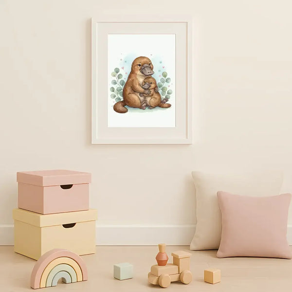 Mama & Baby Platypus Nursery Print – Australian Wildlife Watercolour Wall Art (Digital Download) - Sticksy Prints Australia