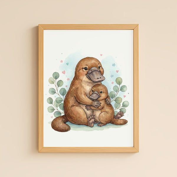 Mama & Baby Platypus Nursery Print – Australian Wildlife Watercolour Wall Art (Digital Download)