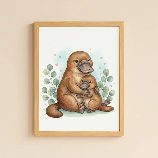 Mama & Baby Platypus Nursery Print – Australian Wildlife Watercolour Wall Art (Digital Download) - Sticksy Prints Australia