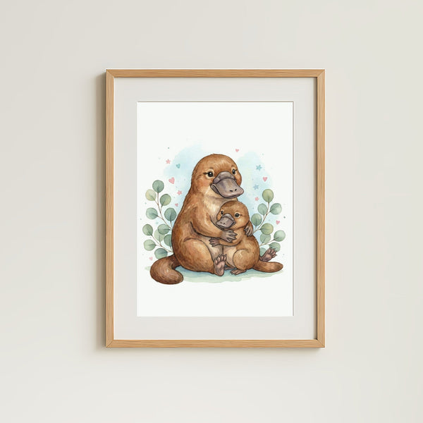 Mama & Baby Platypus Nursery Print – Australian Wildlife Watercolour Wall Art (Digital Download)