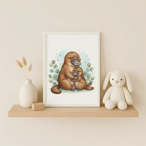 Mama & Baby Platypus Nursery Print – Australian Wildlife Watercolour Wall Art (Digital Download)