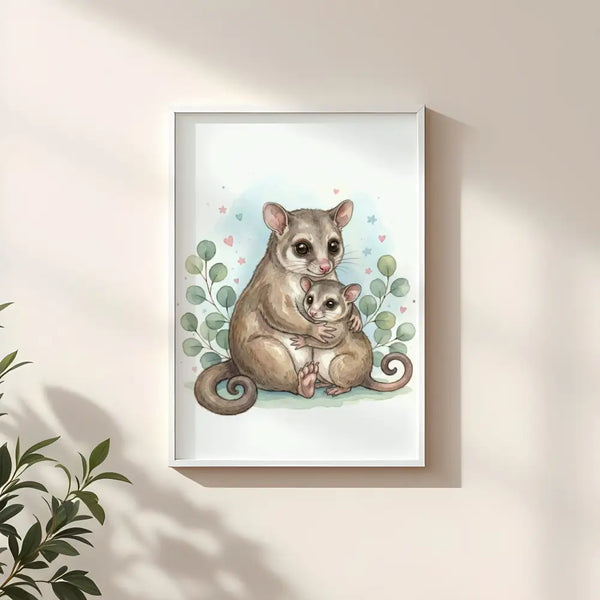 Mama & Baby Possum Nursery Print – Australian Animal Wall Art Neutral Baby Room Decor Watercolour Possum Artwork