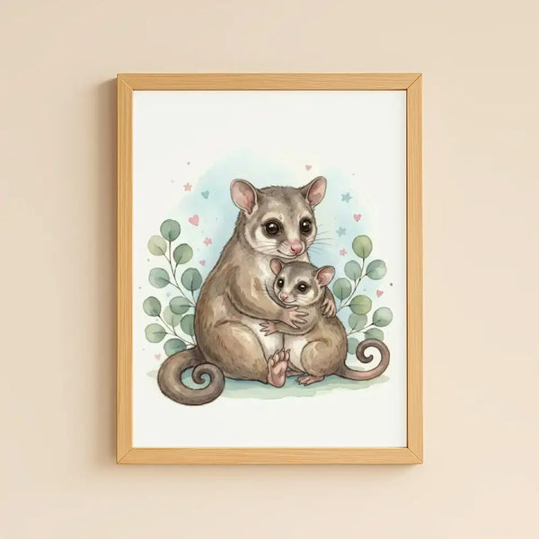 Mama & Baby Possum Nursery Print – Australian Animal Wall Art, Neutral Baby Room Decor, Watercolour Possum Artwork, Printable Kids Room Poster - Sticksy Prints Australia