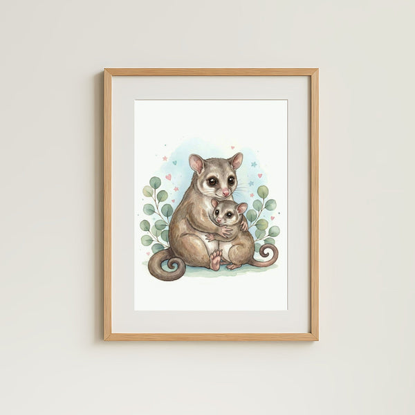 Mama & Baby Possum Nursery Print – Australian Animal Wall Art Neutral Baby Room Decor Watercolour Possum Artwork