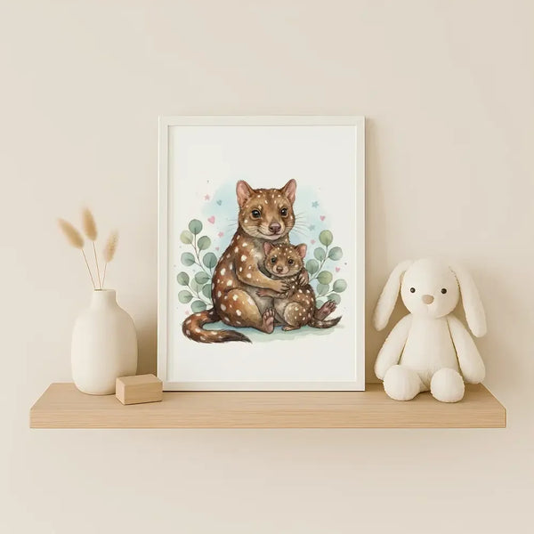 Mama & Baby Quoll Nursery Print – Australian Animal Wall Art, Neutral Baby Room Decor, Watercolour Quoll Artwork, Printable Kids Room Poster - Sticksy Prints Australia