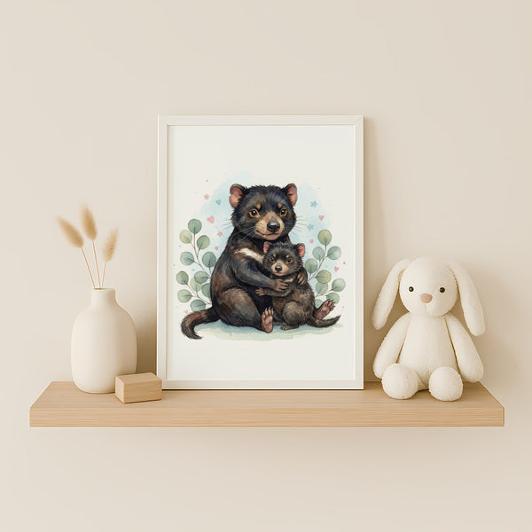 Mama & Baby Tasmanian Devil Nursery Print – Australian Animal Wall Art Neutral Baby Room Decor Watercolour Tassie Devil